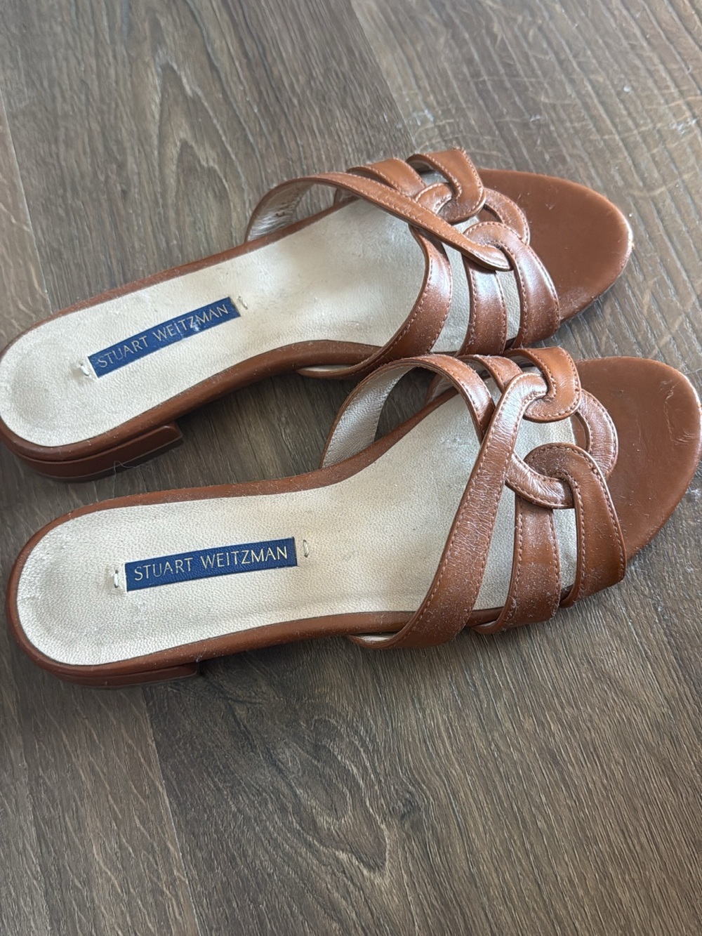 Stuart Weitzman Cognac Leather Braided Slide Mules